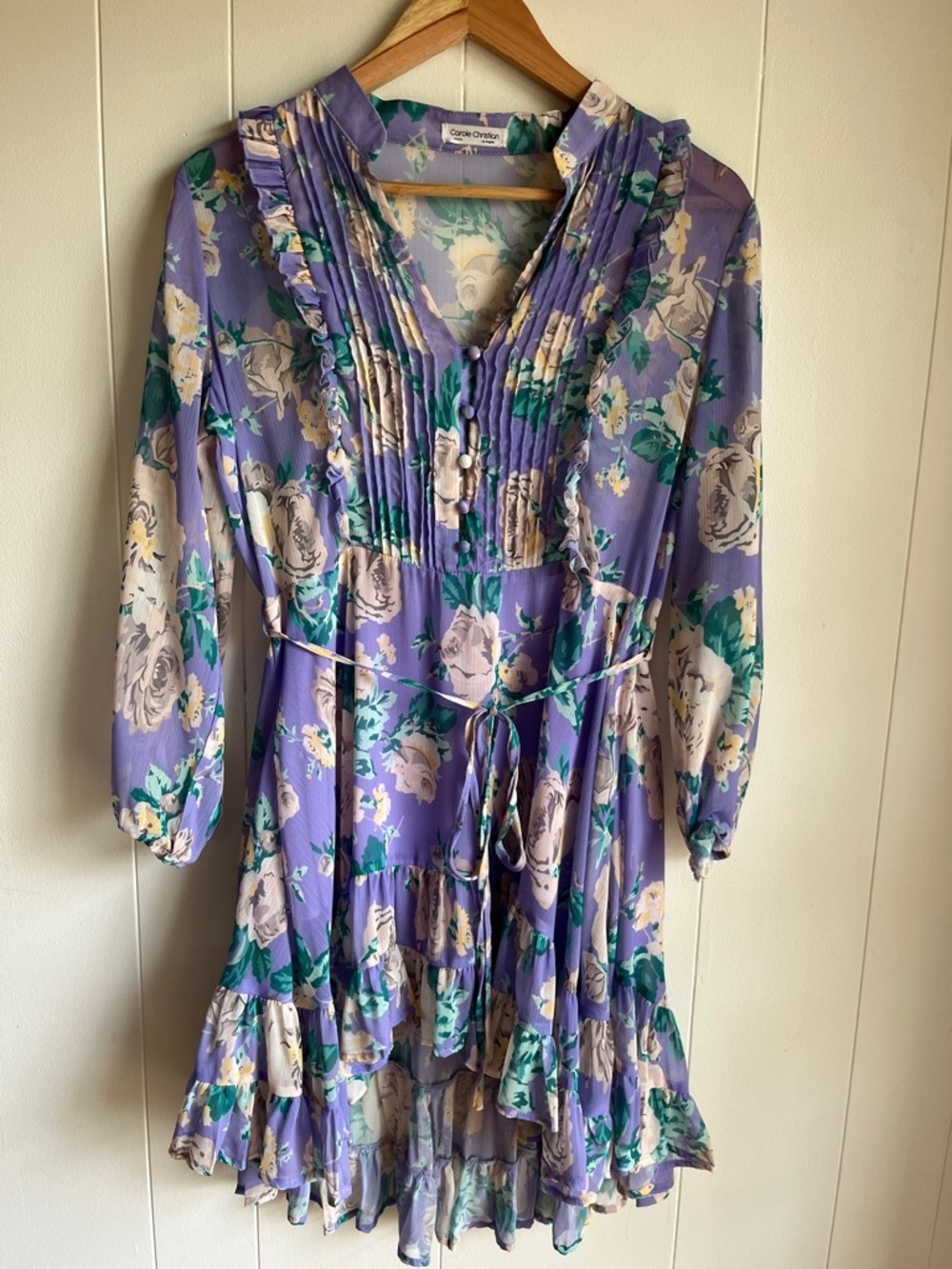 Carole Christian Purple Floral High-Low Dress with Ruffle Hem Boho Country Sz M